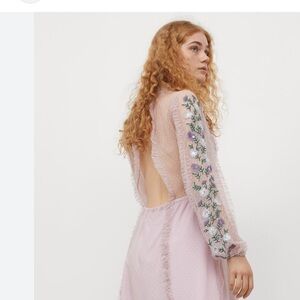 H&M Lavender Embroidered Mesh Dress Open Back Swiss Dot Ruffle Long Sleeve M